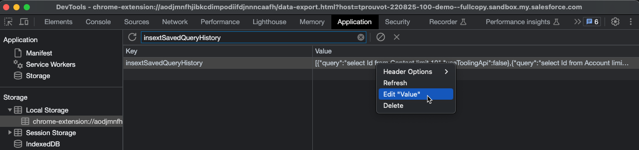 Edit value on local storage from browser dev tool