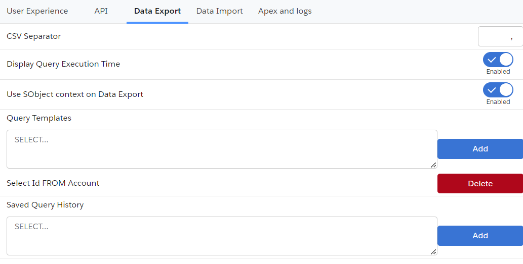 Option Data export tab